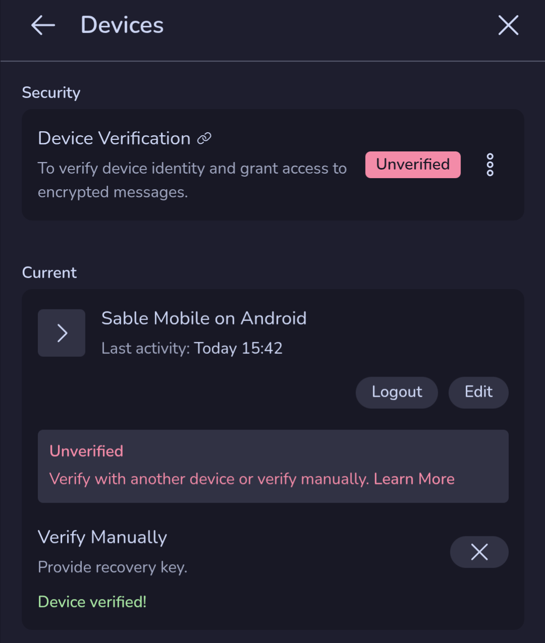 "Device verified!" message appears, "Unverified" message does not disappear.