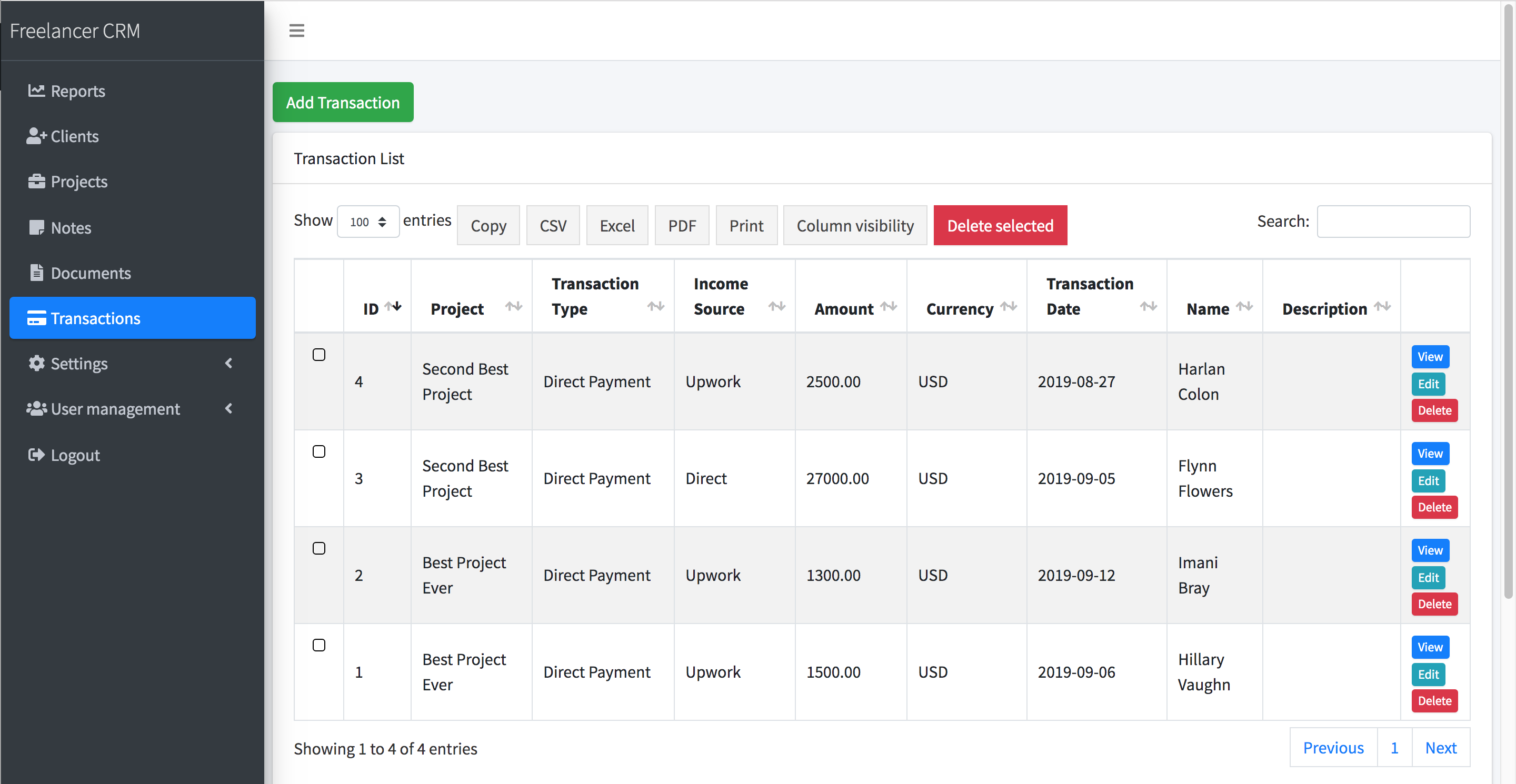 Freelancer CRM screenshot transactions