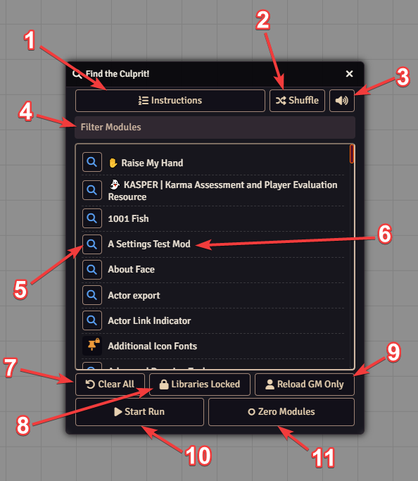 Screenshot of the Find the Culprit main app with UI elements labelled with numbers