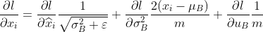 $${{\partial l} \over {\partial {x_i}}} = {{\partial l} \over {\partial {{\widehat x}_i}}}{1 \over {\sqrt {\sigma _B^2 + \varepsilon } }} + {{\partial l} \over {\partial \sigma _B^2}}{{2({x_i} - {\mu _B})} \over m} + {{\partial l} \over {\partial {u_B}}}{1 \over m}$$