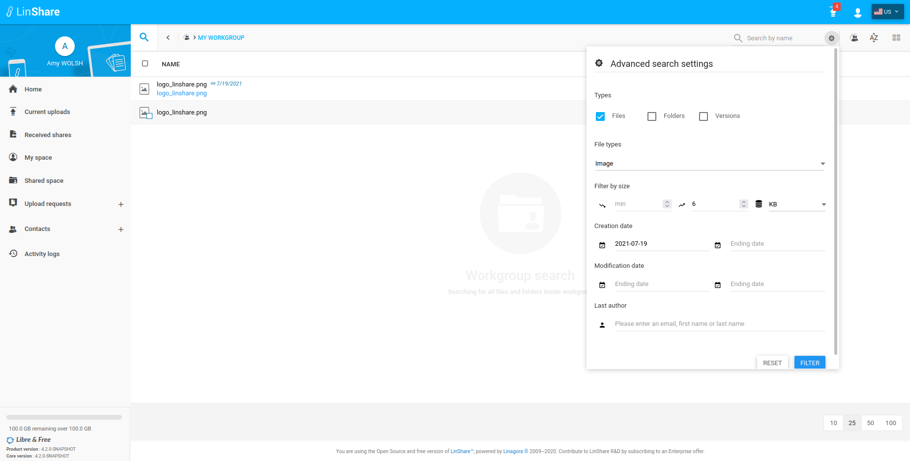 Filter by type and creation date