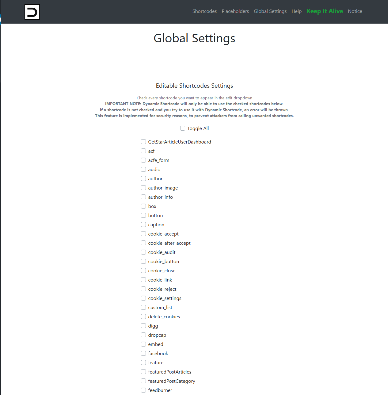 Global Settings Tab