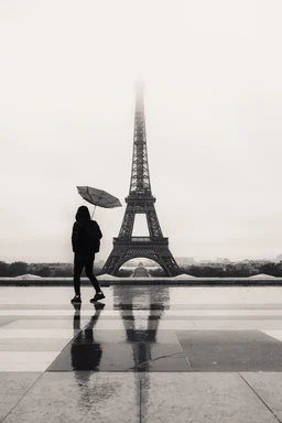 A monochrome photograph of a person with an umbrella being pushed outwards by the wind. In the background, the Eiffel Tower is visible, with its spire being covered by the fog.