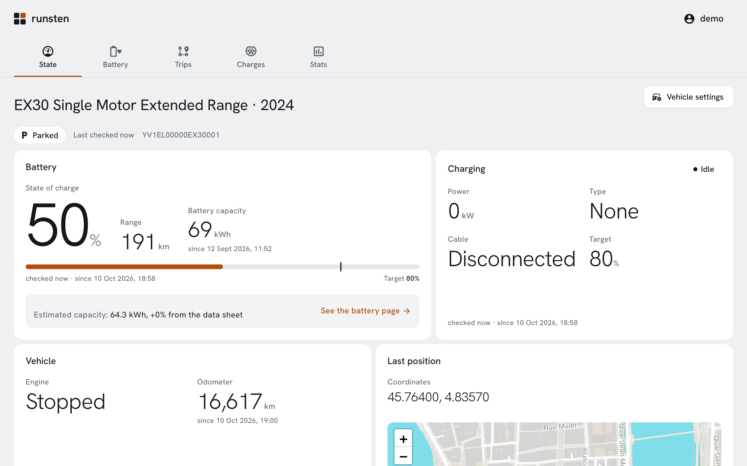 The state of a vehicle in Runsten: state of charge, range, charging, odometer and last position