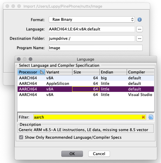 For "Language" select AARCH64:LE:v8A:default