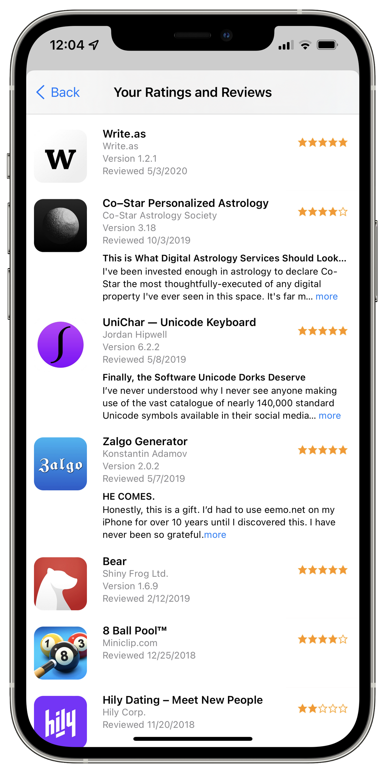 Your Ratings and Reviews - Apple App Store