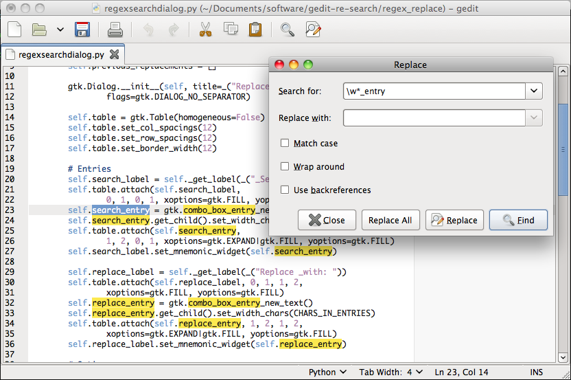Gedit RE Search screenshot