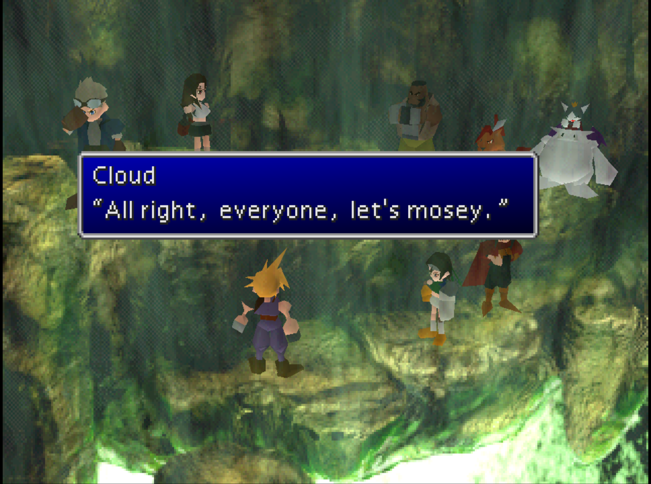 Cloud faces the party as they are about to descend toward the center of the planet and Sephiroth, stating "All right, everyone, let's mosey."
