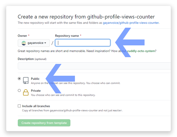 GitHub Profile Views Counter - Click on create repository from template button to create the repository