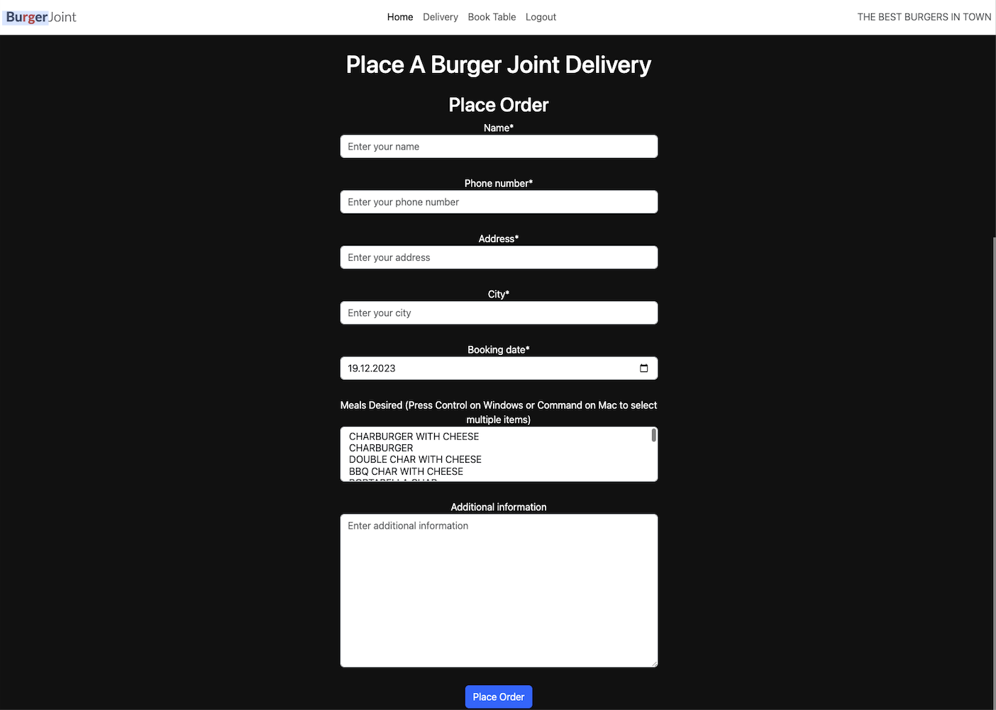 create food delivery page