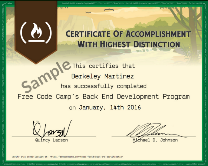 An image of a sample Back End Development Certification