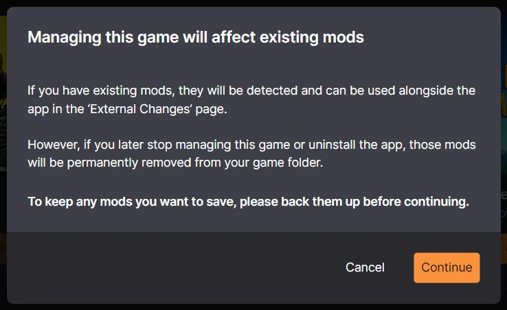 The new warning that shows when managing a game for the first time.