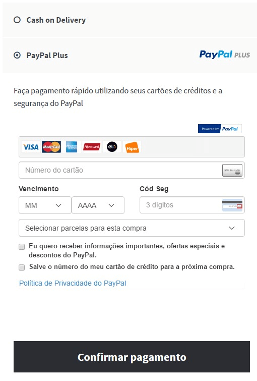 Exemplo de checkout com cartão de crédito salvo.