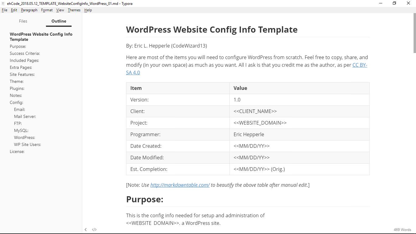 GitHub Gist for WordPress Website Config Info Template (User: codewizard13)