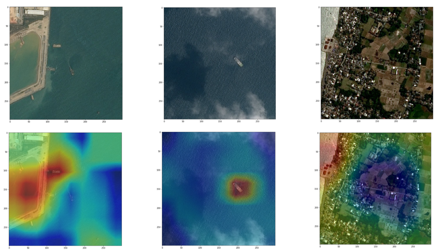 Class activation mapping on vessel detection classifier ConvNet - convnet learned where ships are without supervision!