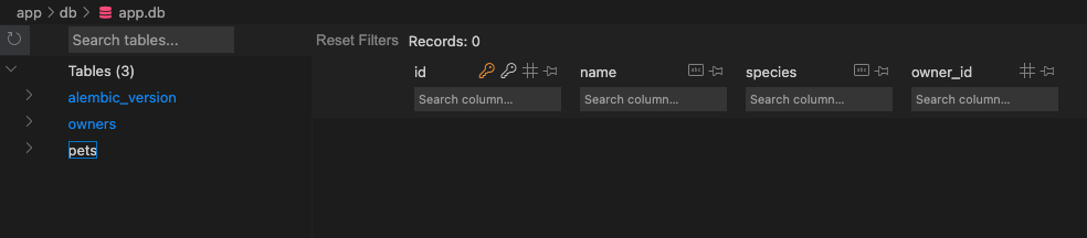 Screenshot of SQLite database with three tables: alembic_version, owners, and pets