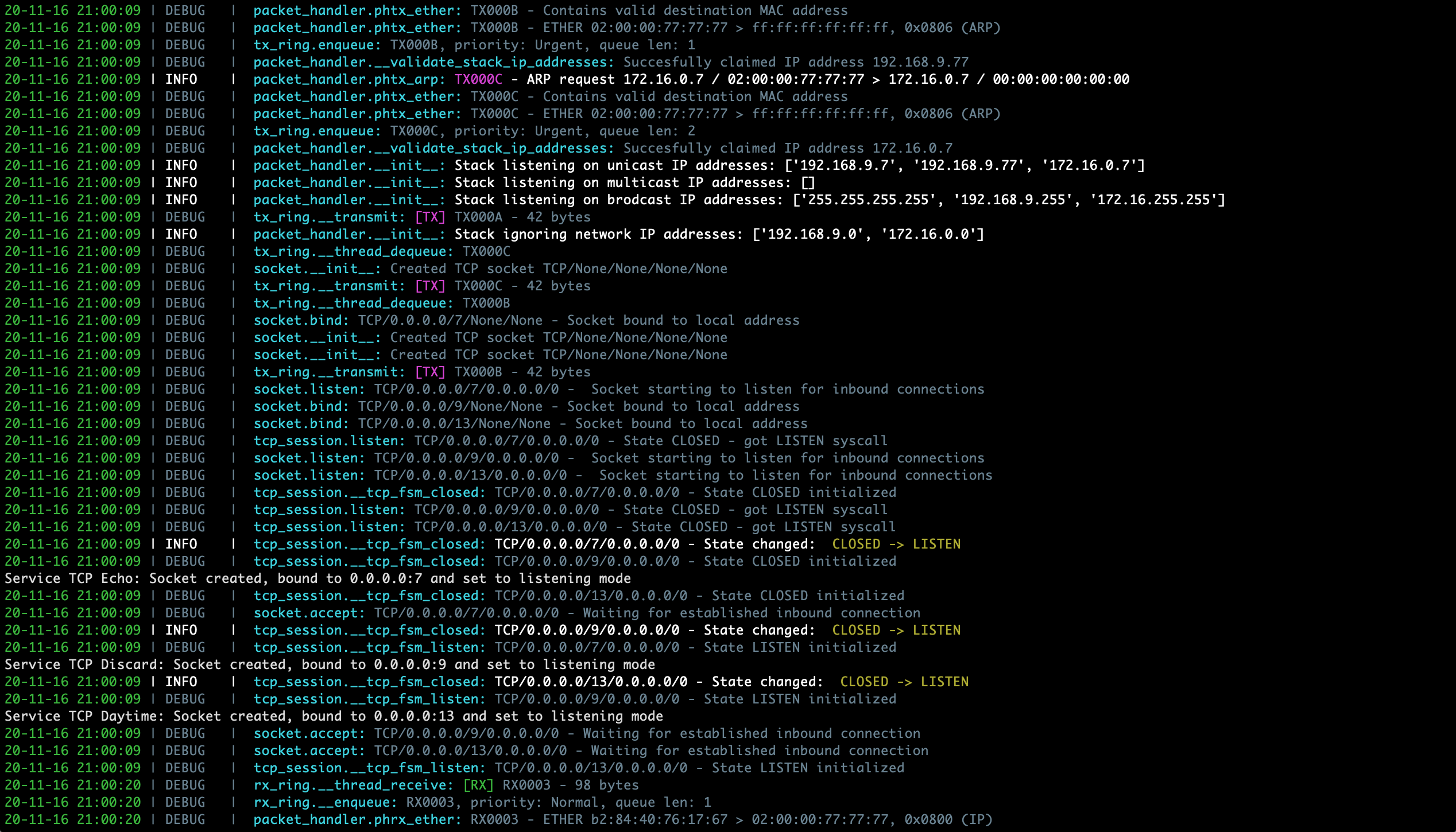 Sample PyTCP log output