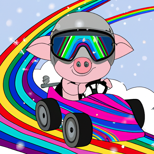 a baby pig wearing ski googles, driving a race car, with a rainbow background