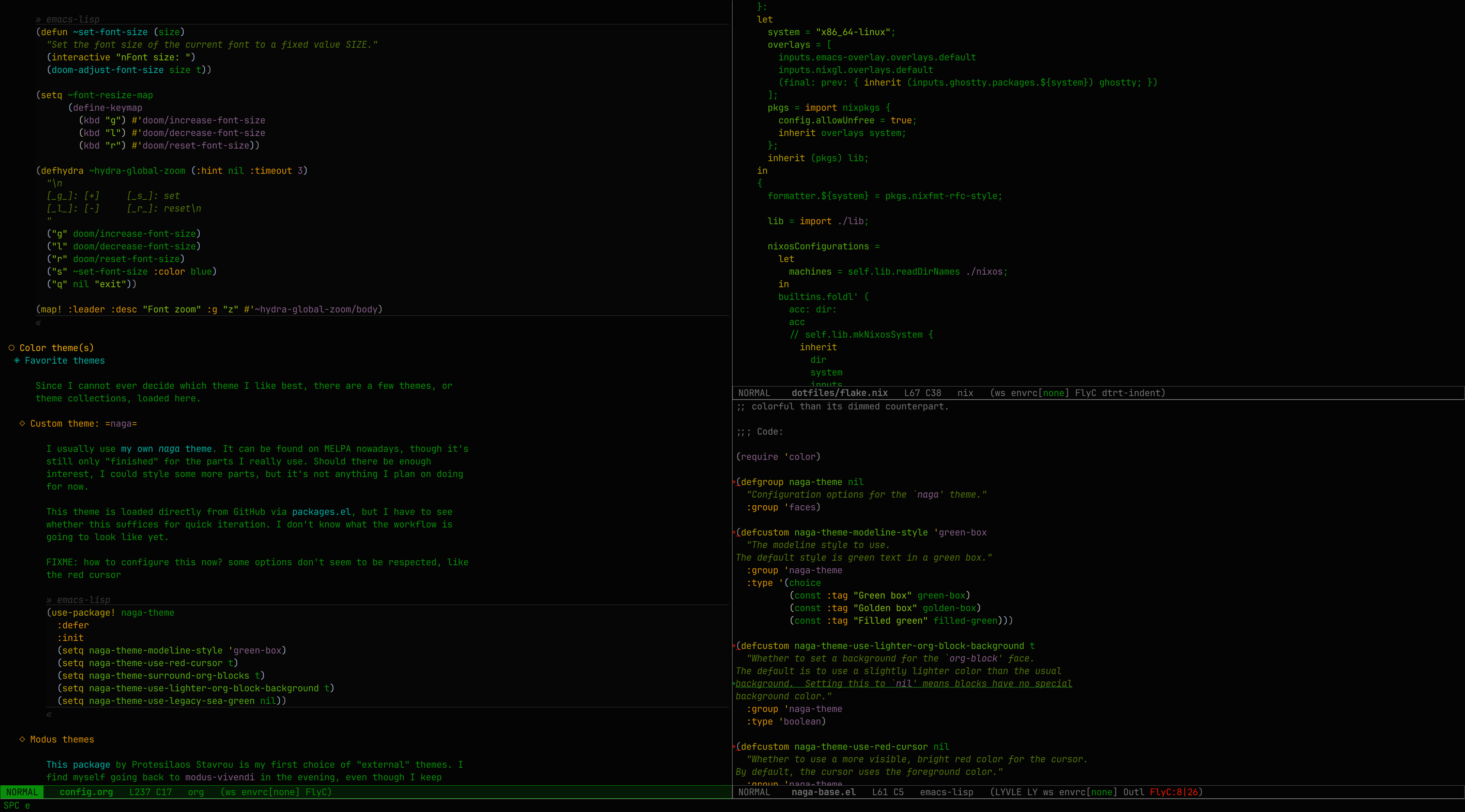 A screenshot of the naga-dimmed theme, showing org-mode, nix-mode, and some Emacs Lisp