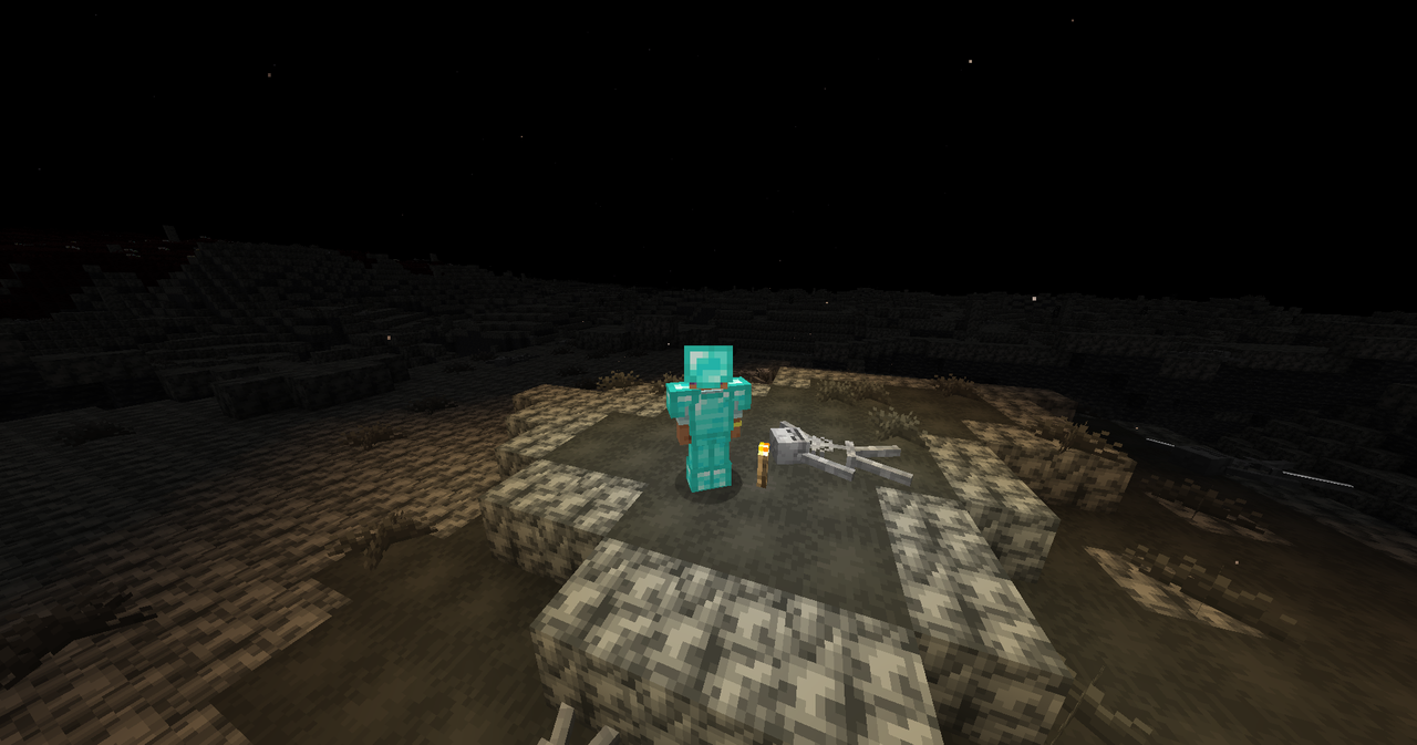 A player with diamond armor in the Deep Void next to a torch
