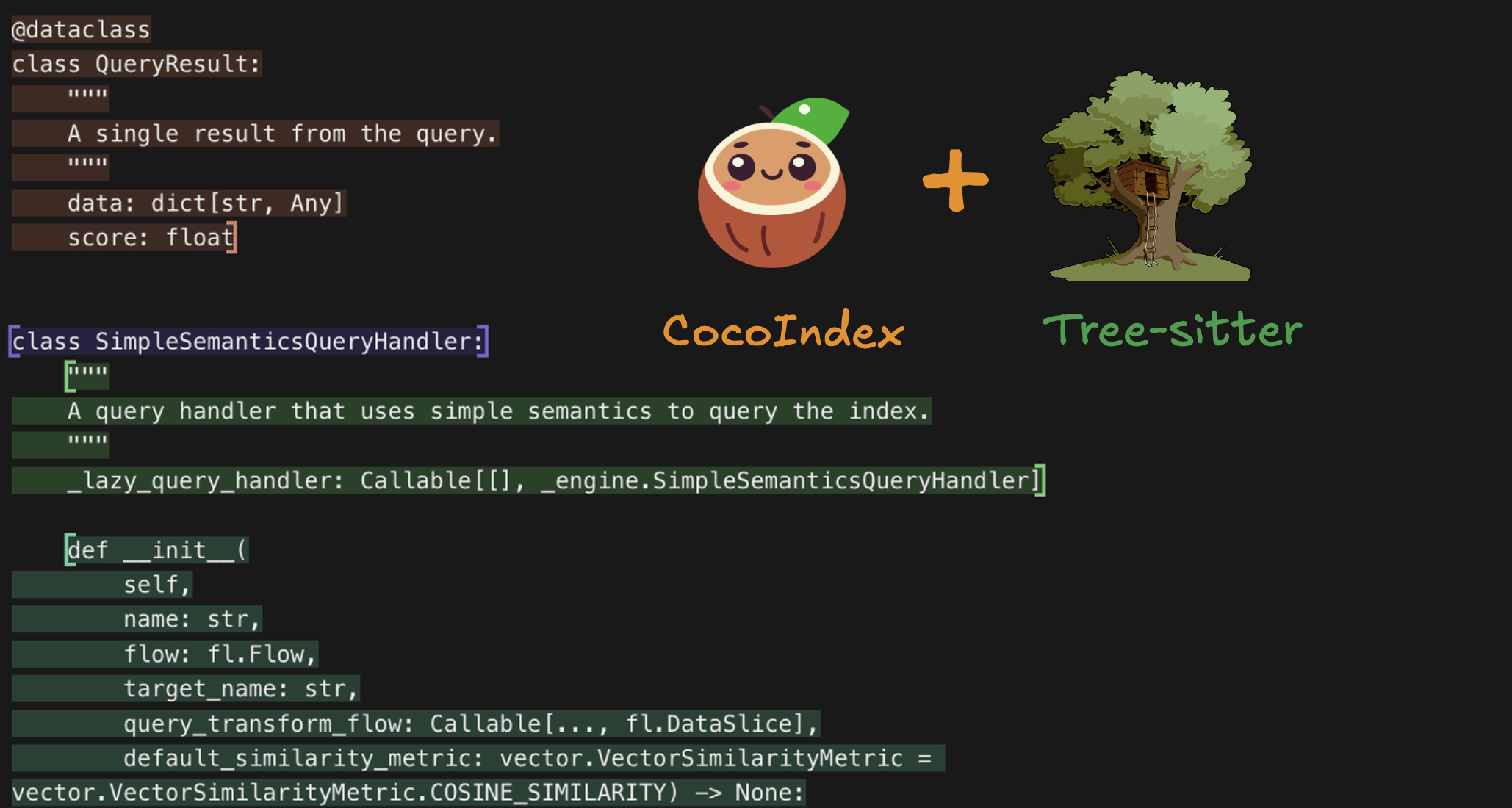 Real-time codebase indexing with CocoIndex and Tree-sitter — language-aware chunking, embeddings, semantic search, and a live vector index in plain async Python