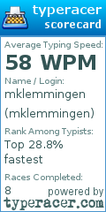 TypeRacer.com scorecard for user mklemmingen