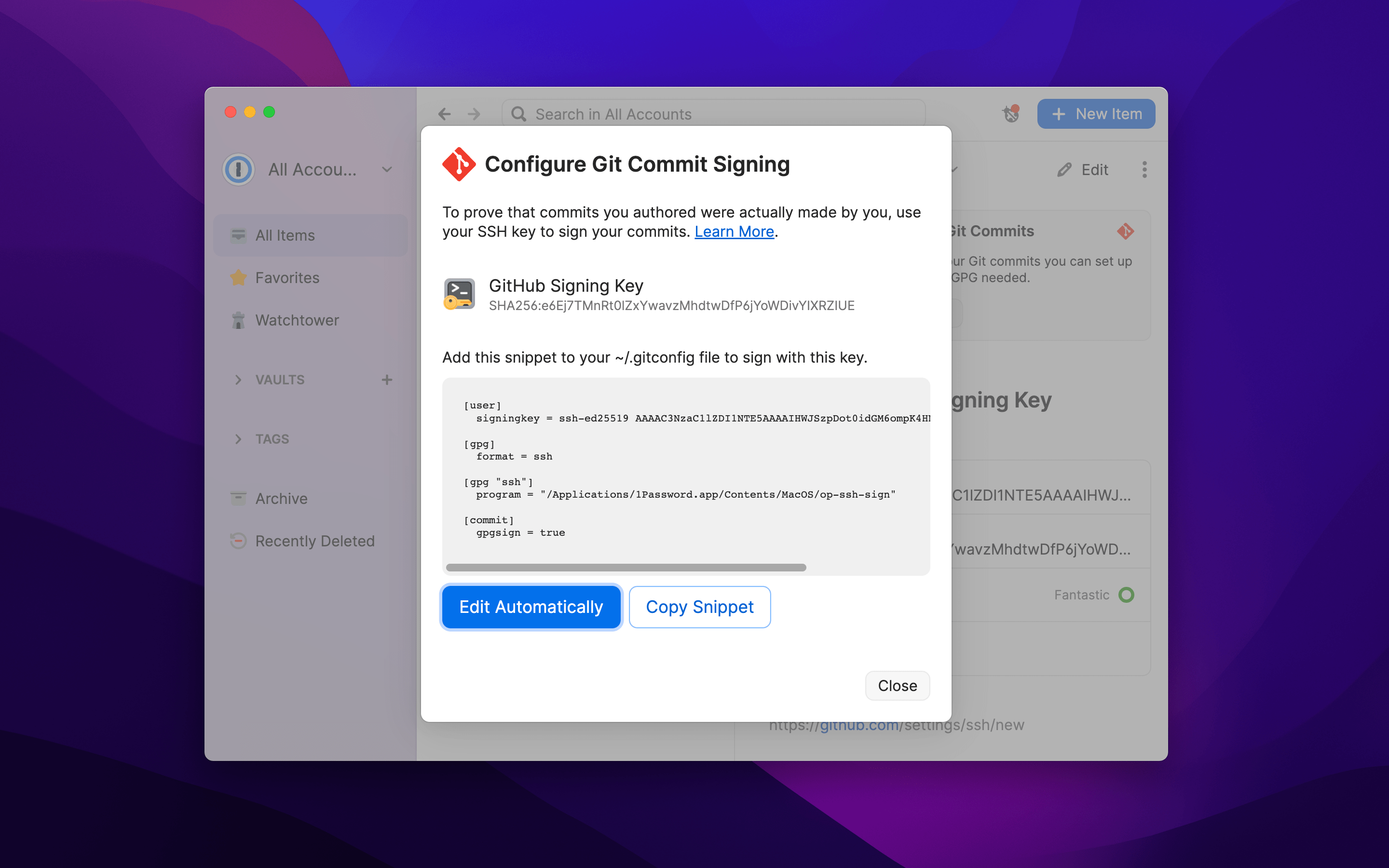 1password screenshot showing SSH commit signing setup