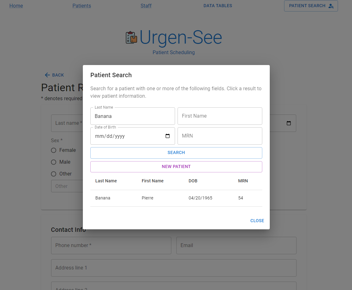 Patient search modal