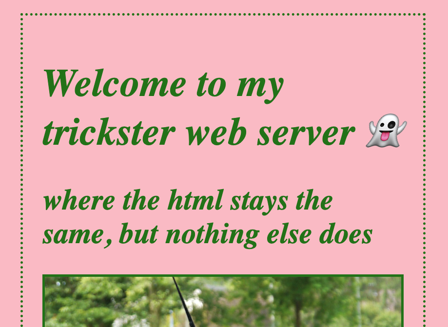 screenshot of sample website that says: "welcome to my trickster web server, where the html stays the same, but nothing else does"