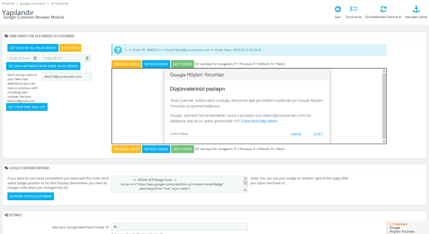 Prestashop Google Customer Reviews Merchant Center Module with Fake Survey Send Old Orders