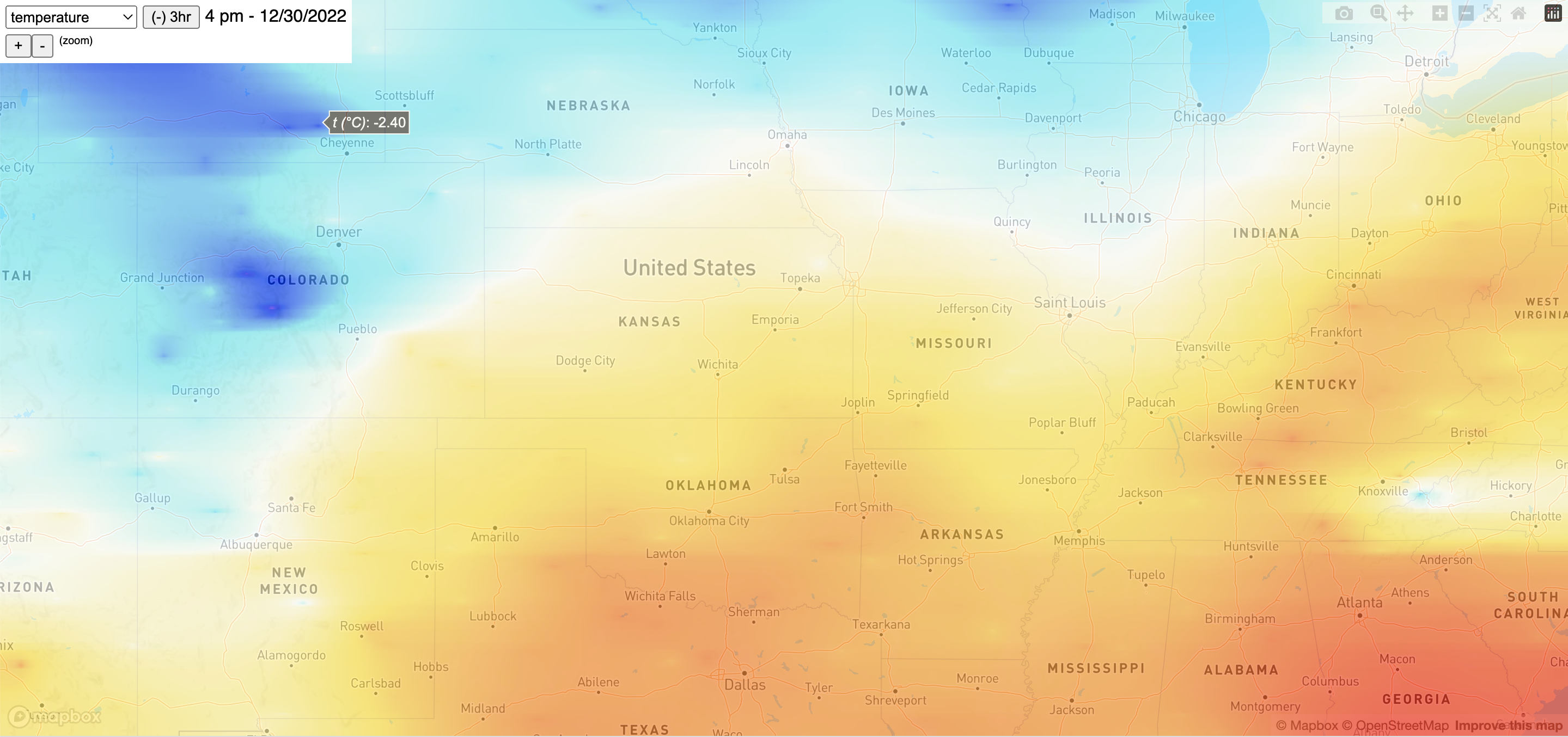 screenshot of app showing temp heatmap over u.s.