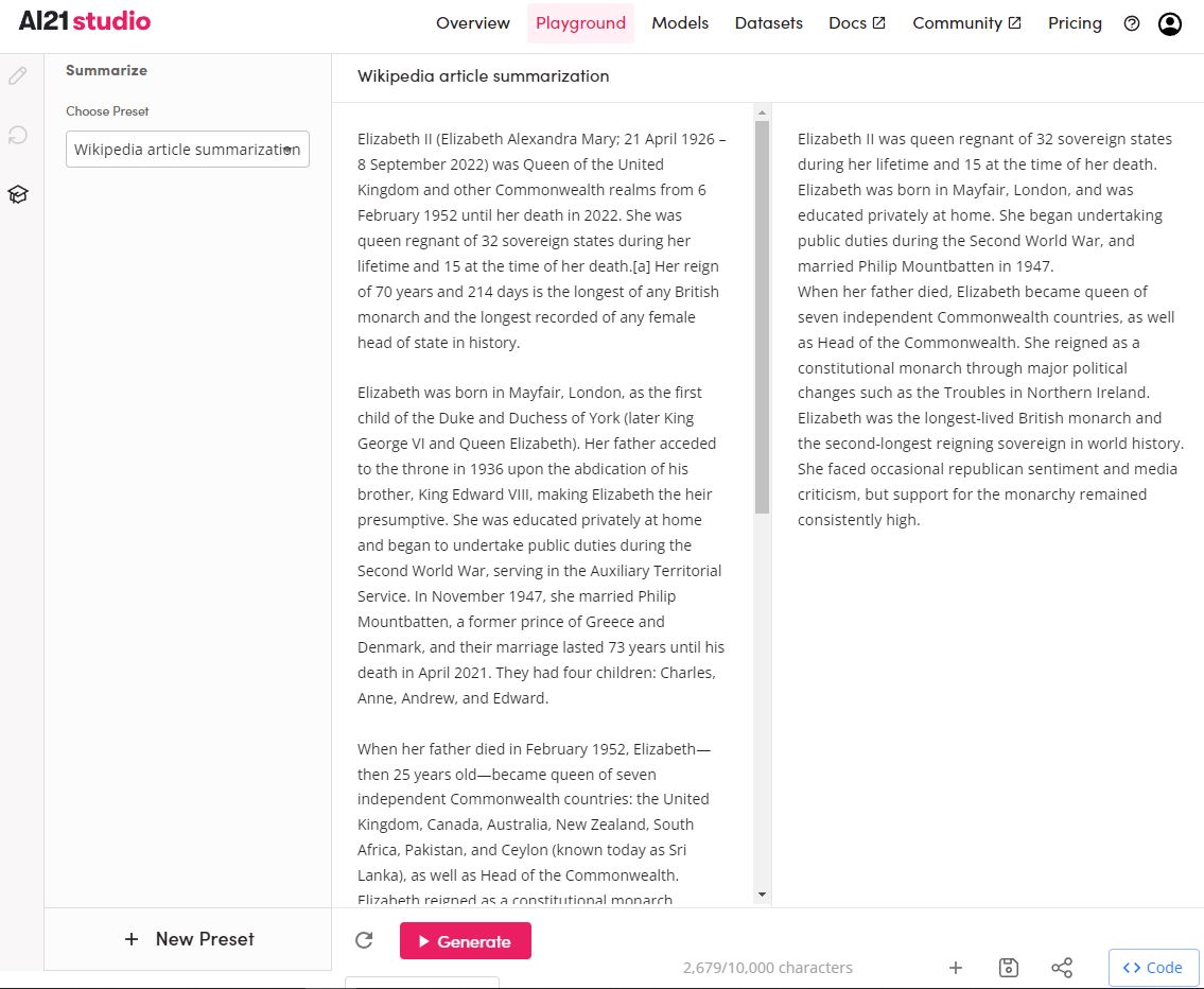 screenshot of ai21 summarize on playground