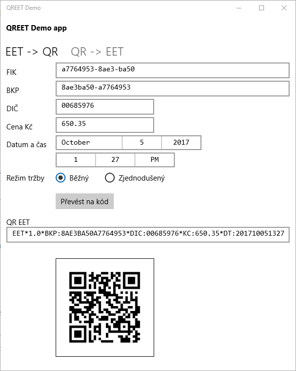 QR EET Demo aplikace