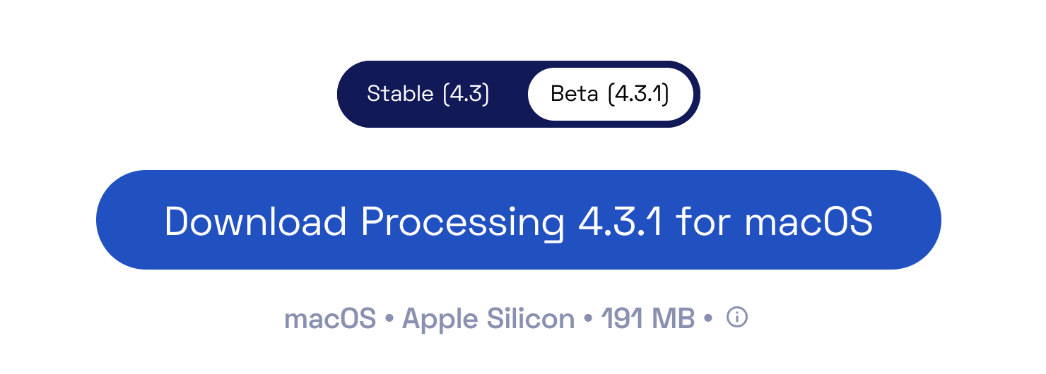 Alt text: Screenshot of the Processing Download page showing a toggle with options for 'Stable (4.3)' and 'Beta (4.3.1)' above a blue download button labeled 'Download Processing 4.3.1 for macOS.' Below the button, additional information indicates compatibility with macOS, Apple Silicon, and the file size of 191 MB.