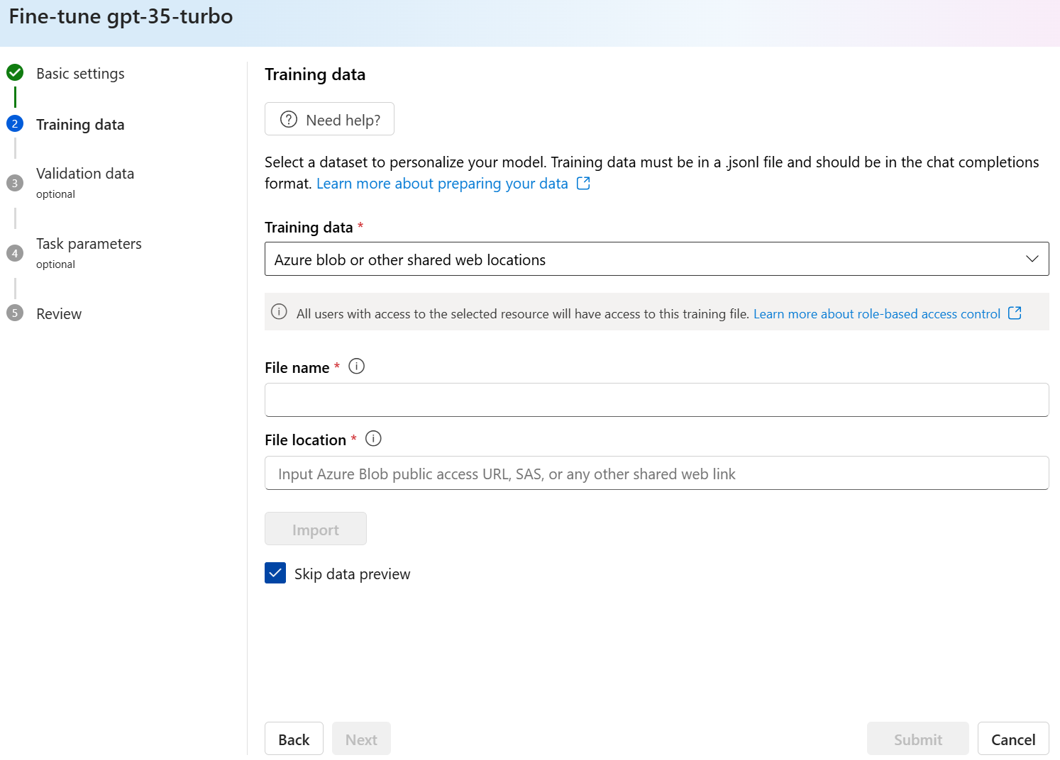 Screenshot of the Training data pane for the Create custom model wizard, with Azure Blob and shared web location options.