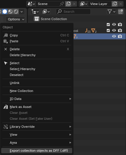 Outliner > Object > Export collection objects as DFF (.dff)