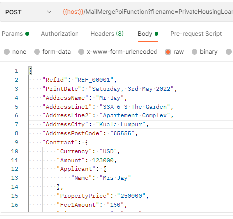 Mailmerge request body / json data example