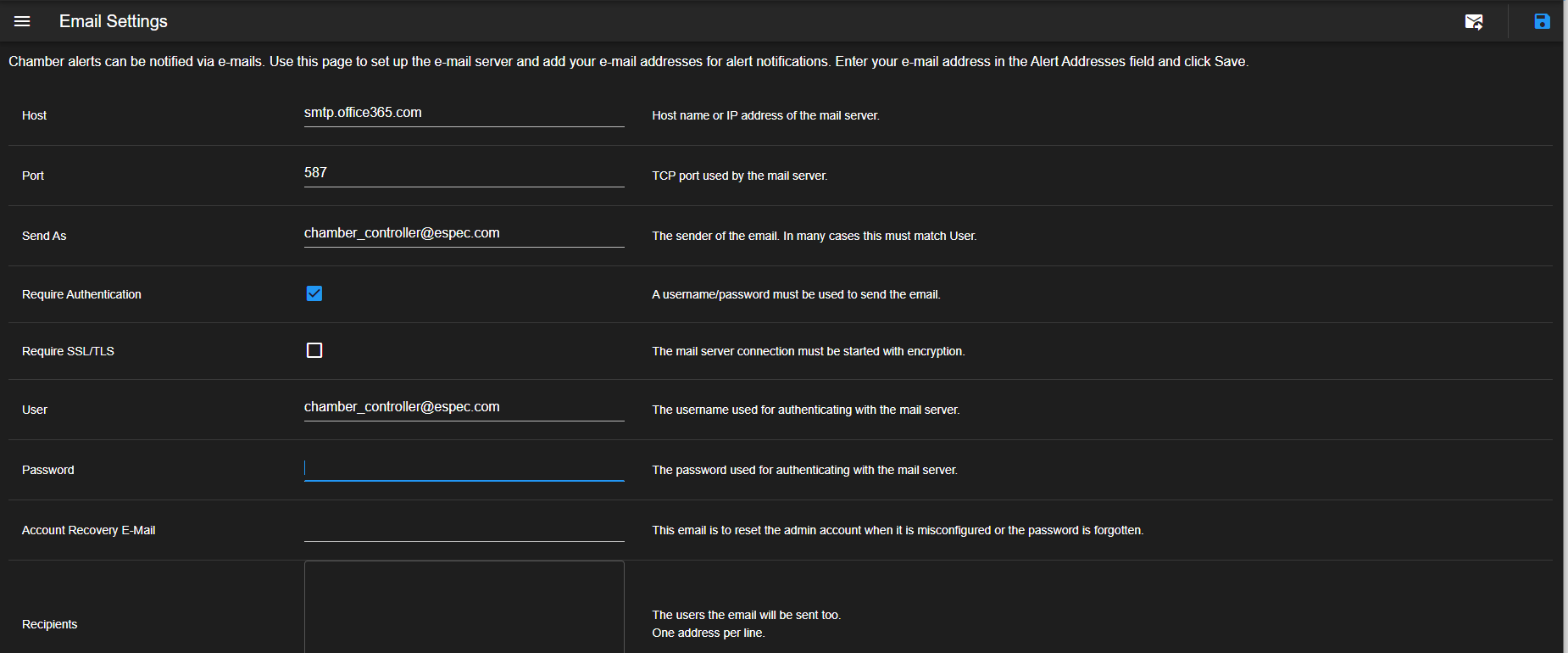 Options of e-mail settings page