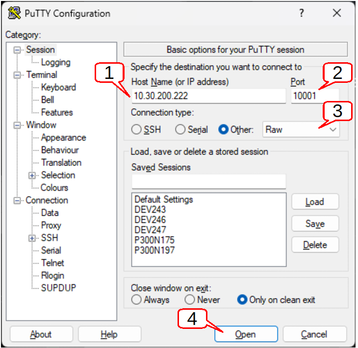 PuTTY configuration interface and settings