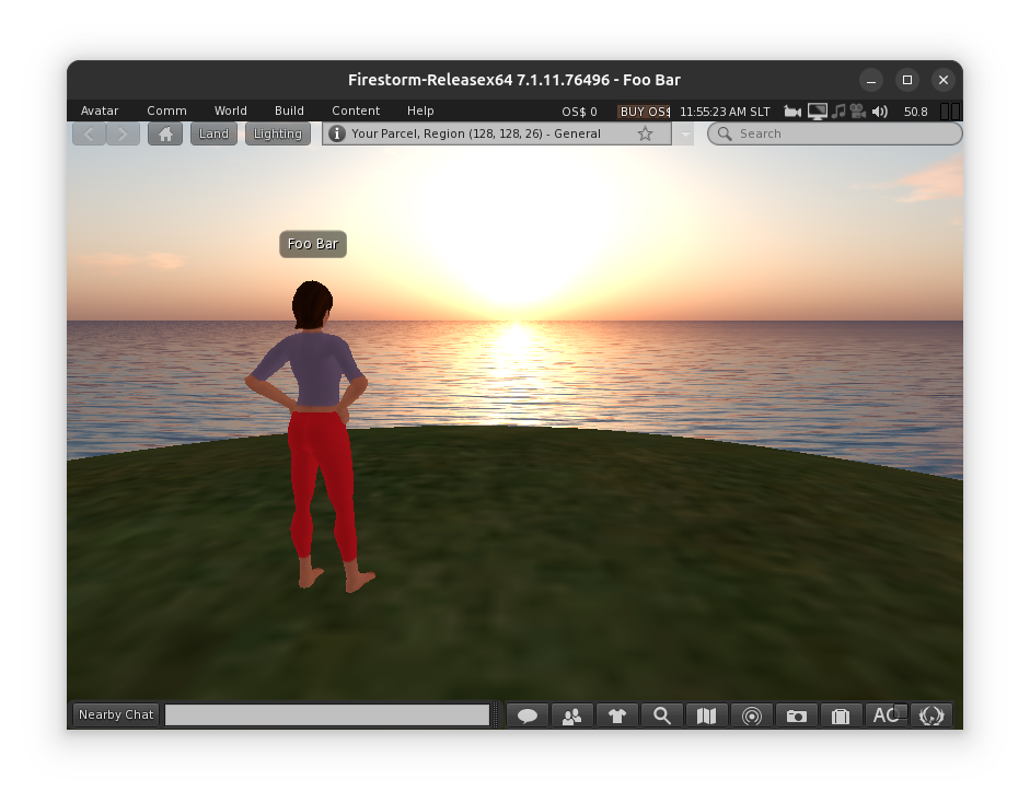 Screenshot from inside the Firestorm Metaverse client, showing a woman with a floating nametag 'foo bar' staring out into the ocean, standing upon a small mound island