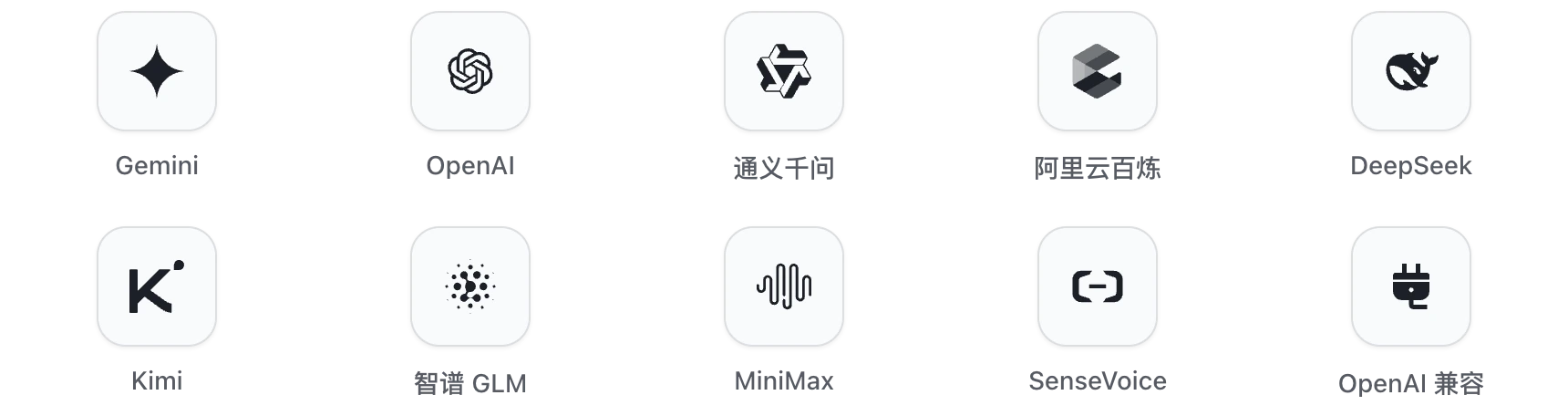 支持的厂商：Gemini、OpenAI、通义千问、阿里云百炼、DeepSeek、Kimi、智谱 GLM、MiniMax、SenseVoice，以及 OpenAI 兼容服务