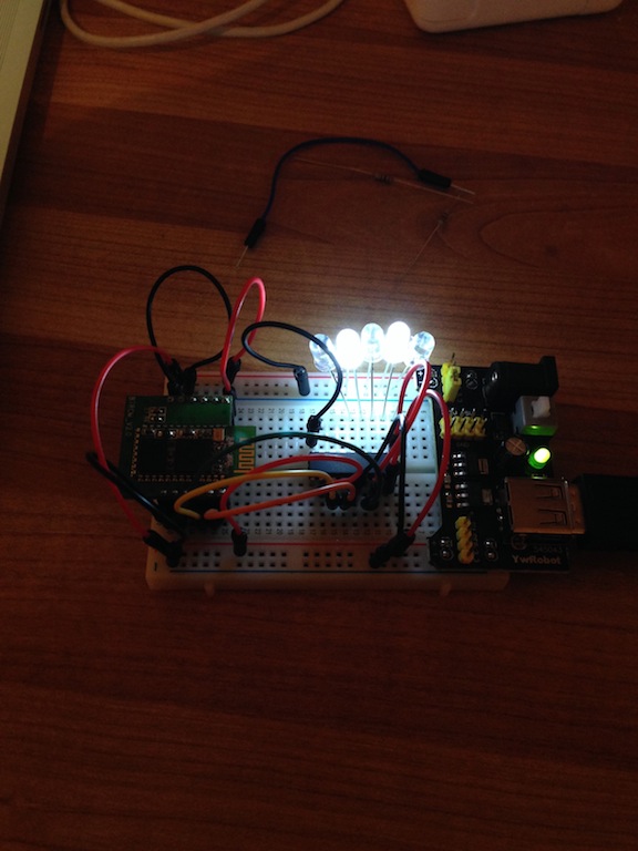 Breadboard, BeeWi Bluetooth pins, Shift register, LEDs, Transistor, Resistor, Jumpers - assembled, on