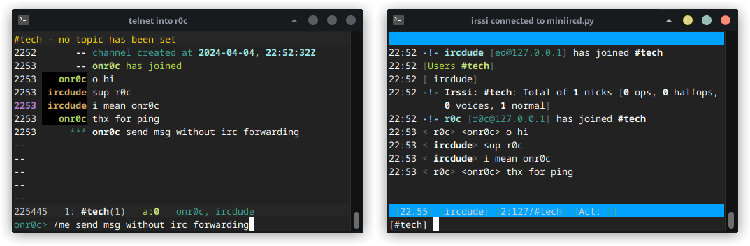 screenshot of r0c and irssi in the same channel