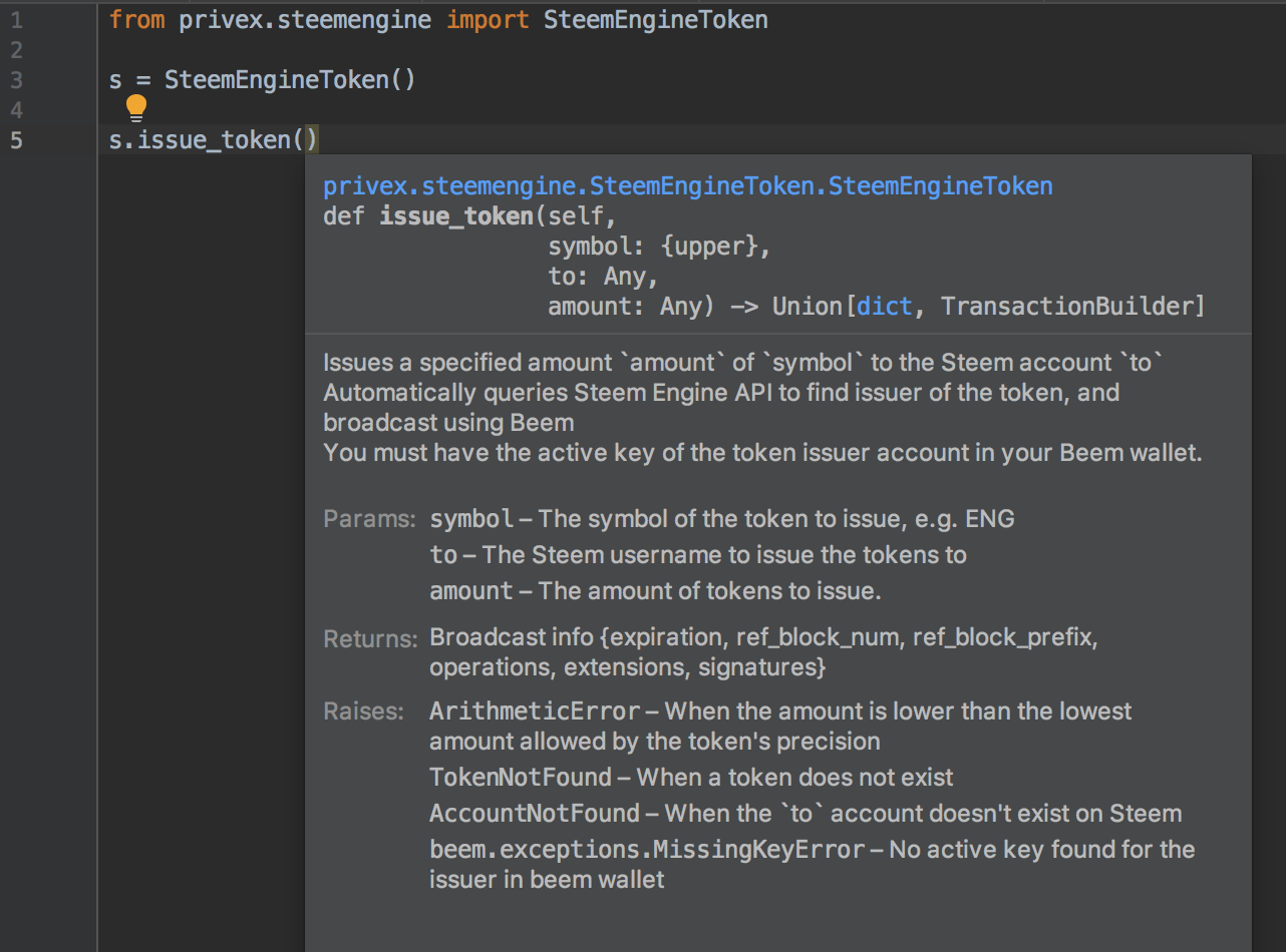 Screenshot of PyCharm SteemEngine Help