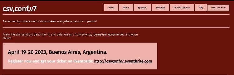 Alt:Screenshot of csv,conf,v7 website in red and light pink. Subtitled "A community conference for data makers everywhere" that has a subtitle for "April 19-20 2023, Buenos Aires, Argentina"