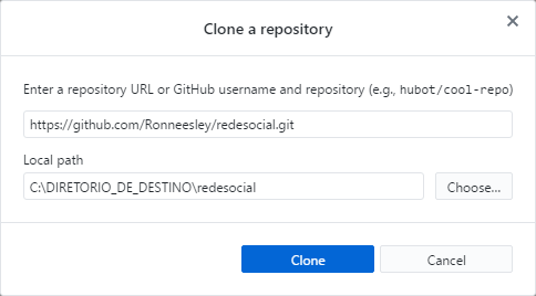 Janela de especificação do repositório