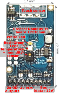DomBusTH domotic board with temperature and humidity sensor, 3 LEDs, 6 I/O
