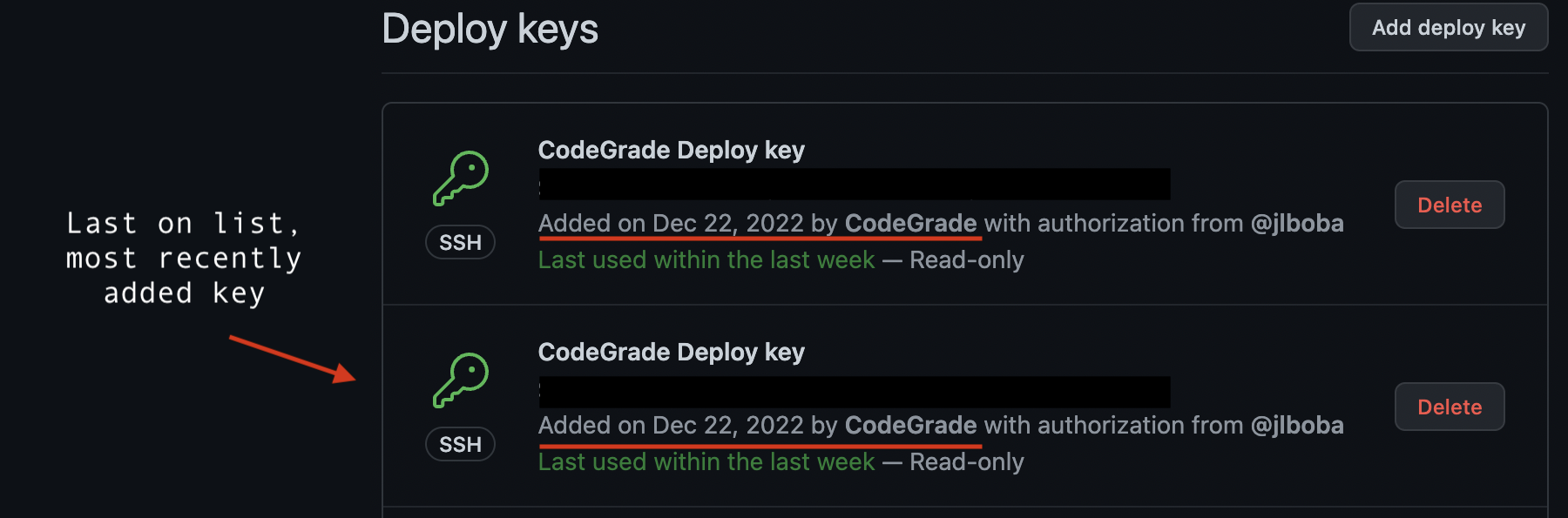 Deploy keys highlighting that the dates are the same, and that the last key on the list is the most recently added