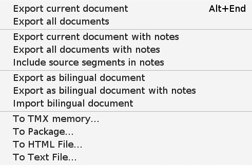 Project > Export and exchange submenu